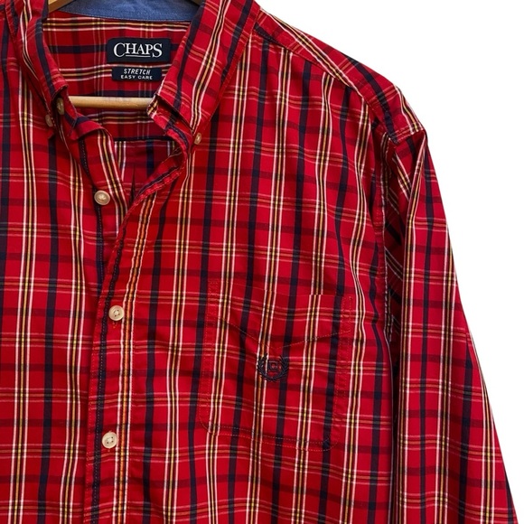 Chaps Easy Care Red/Navy Plaid‎ Button-Down Long Sleeve Pocketed Men’s XL Shirt - Picture 2 of 5
